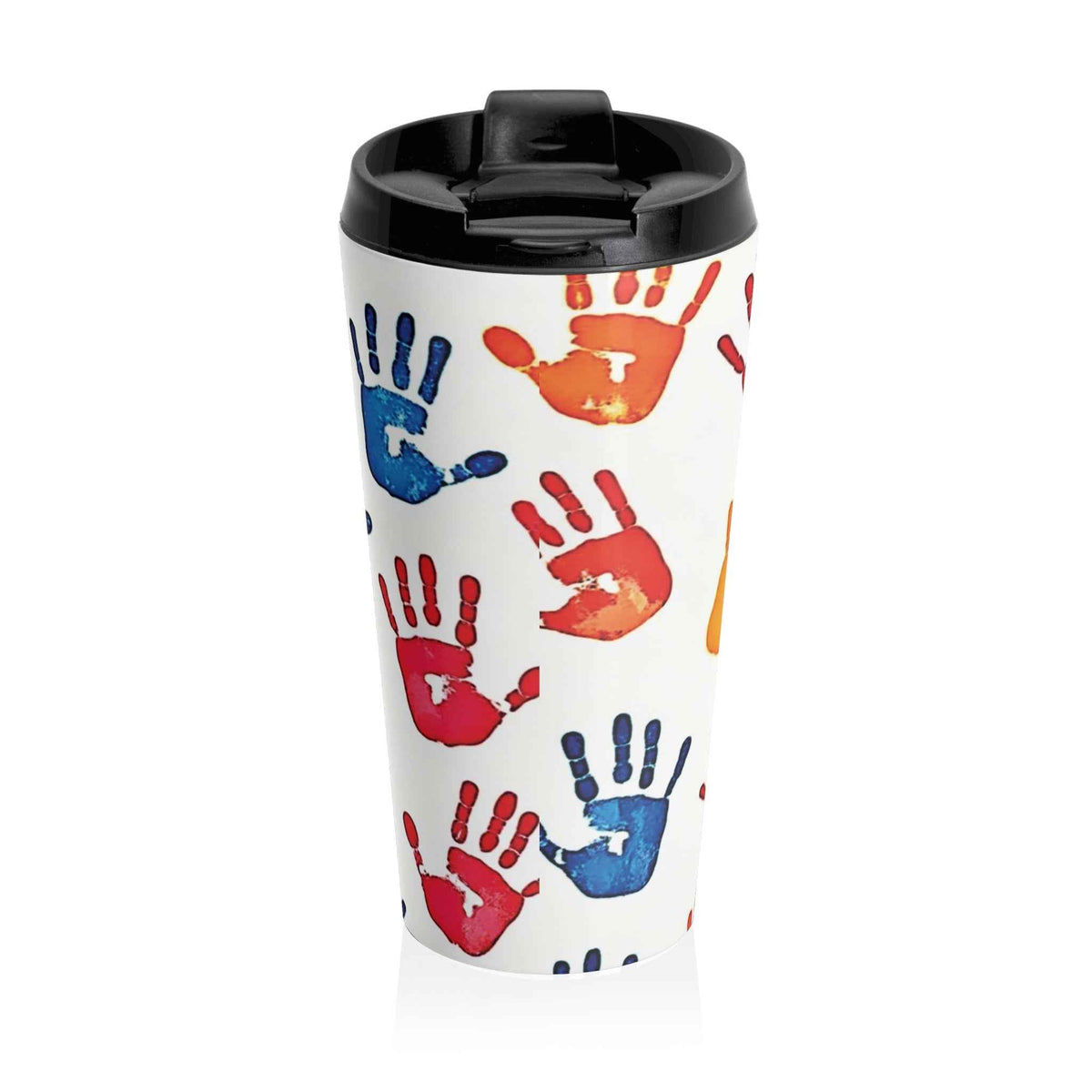 Mug de voyage en acier inoxydable avec empreintes de mains colorées — Motif artistique pour enfants, gobelet à café anti-déversement