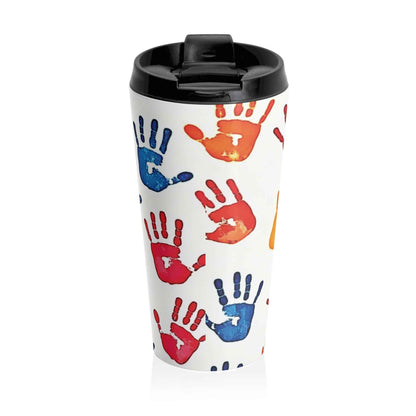 Mug de voyage en acier inoxydable avec empreintes de mains colorées — Motif artistique pour enfants, gobelet à café anti-déversement