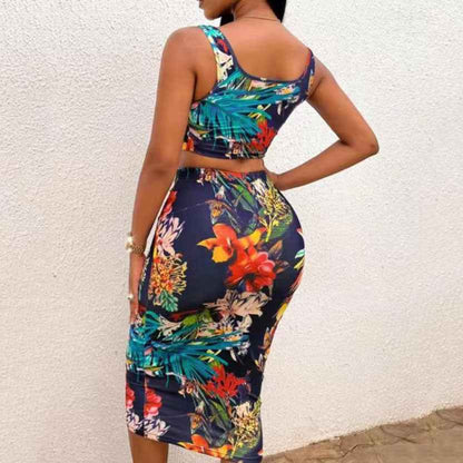 Women's Floral Vest Skirt Set – Printed Sleeveless Crop Top and Midi Skirt Outfit