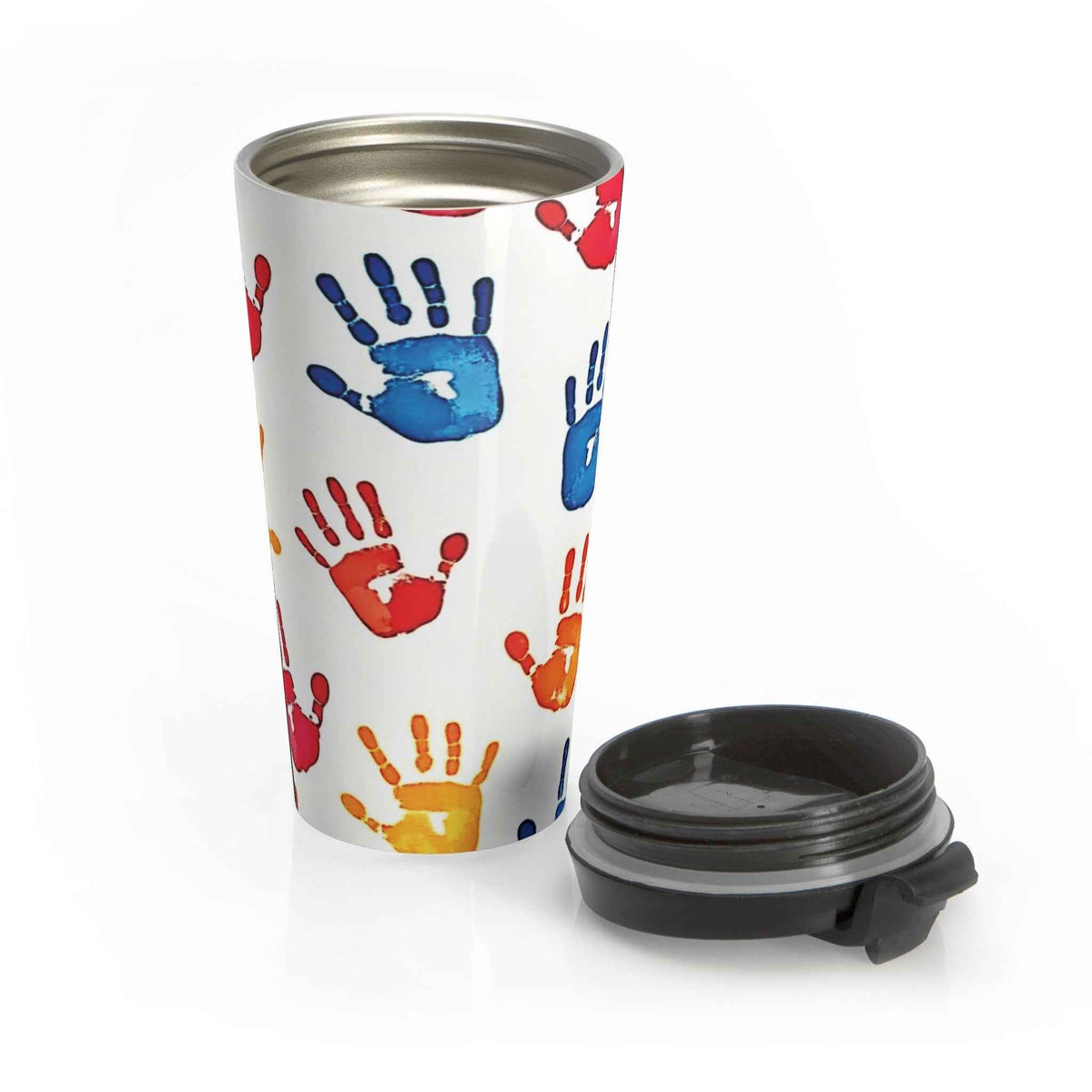 Mug de voyage en acier inoxydable avec empreintes de mains colorées — Motif artistique pour enfants, gobelet à café anti-déversement