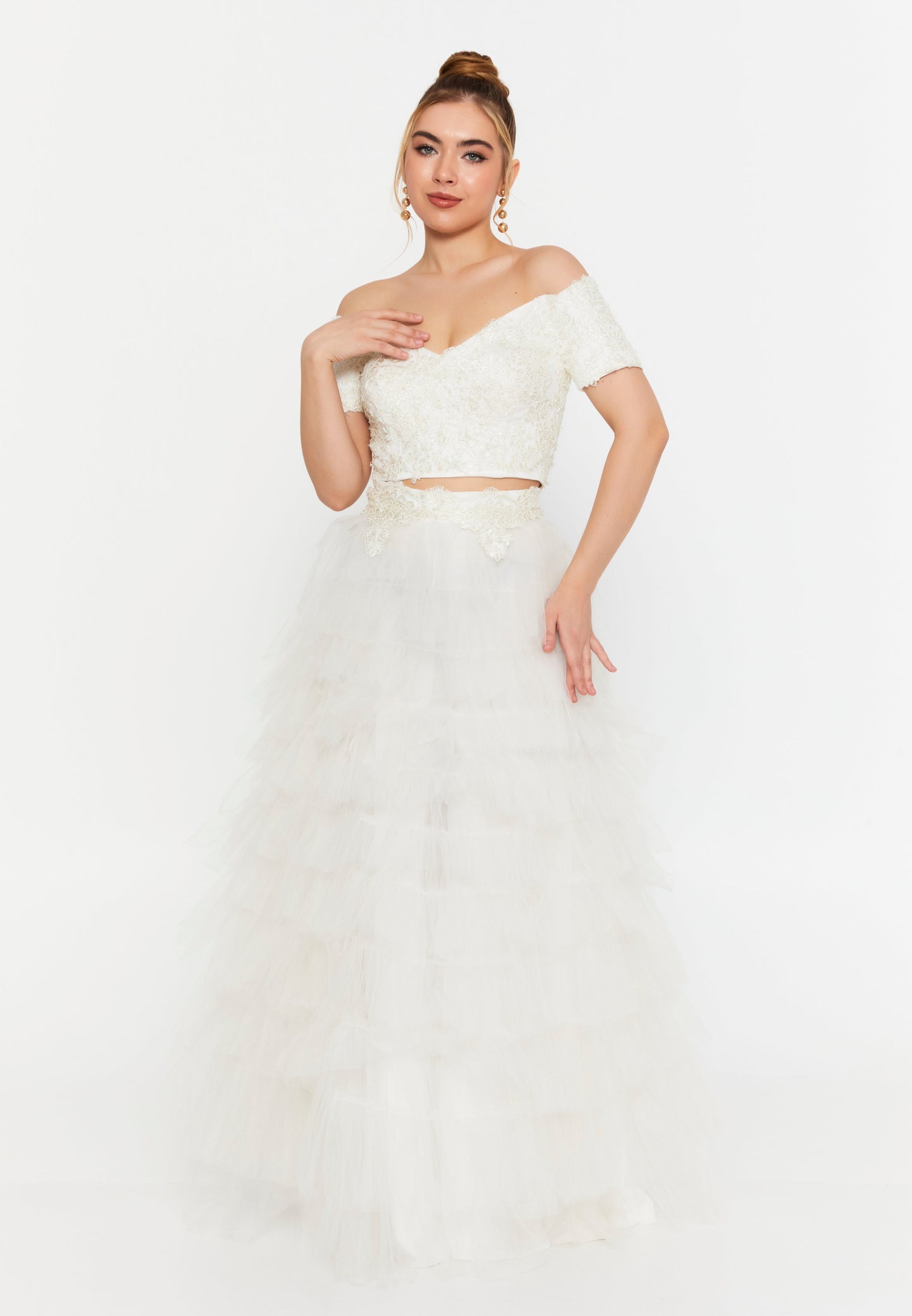 Ensemble deux pièces de mariée en dentelle et tulle blanc