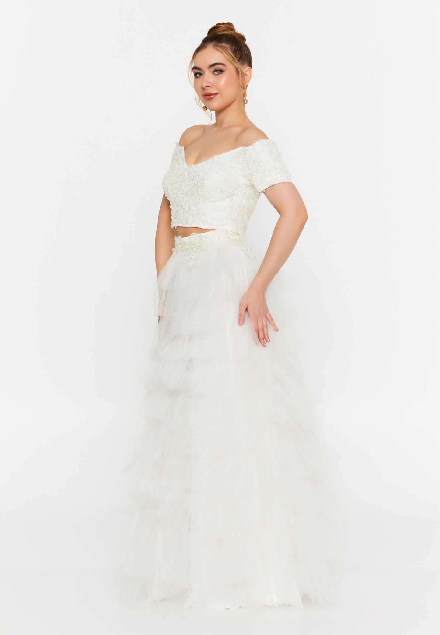 Ensemble deux pièces de mariée en dentelle et tulle blanc