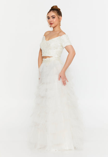 Ensemble deux pièces de mariée en dentelle et tulle blanc