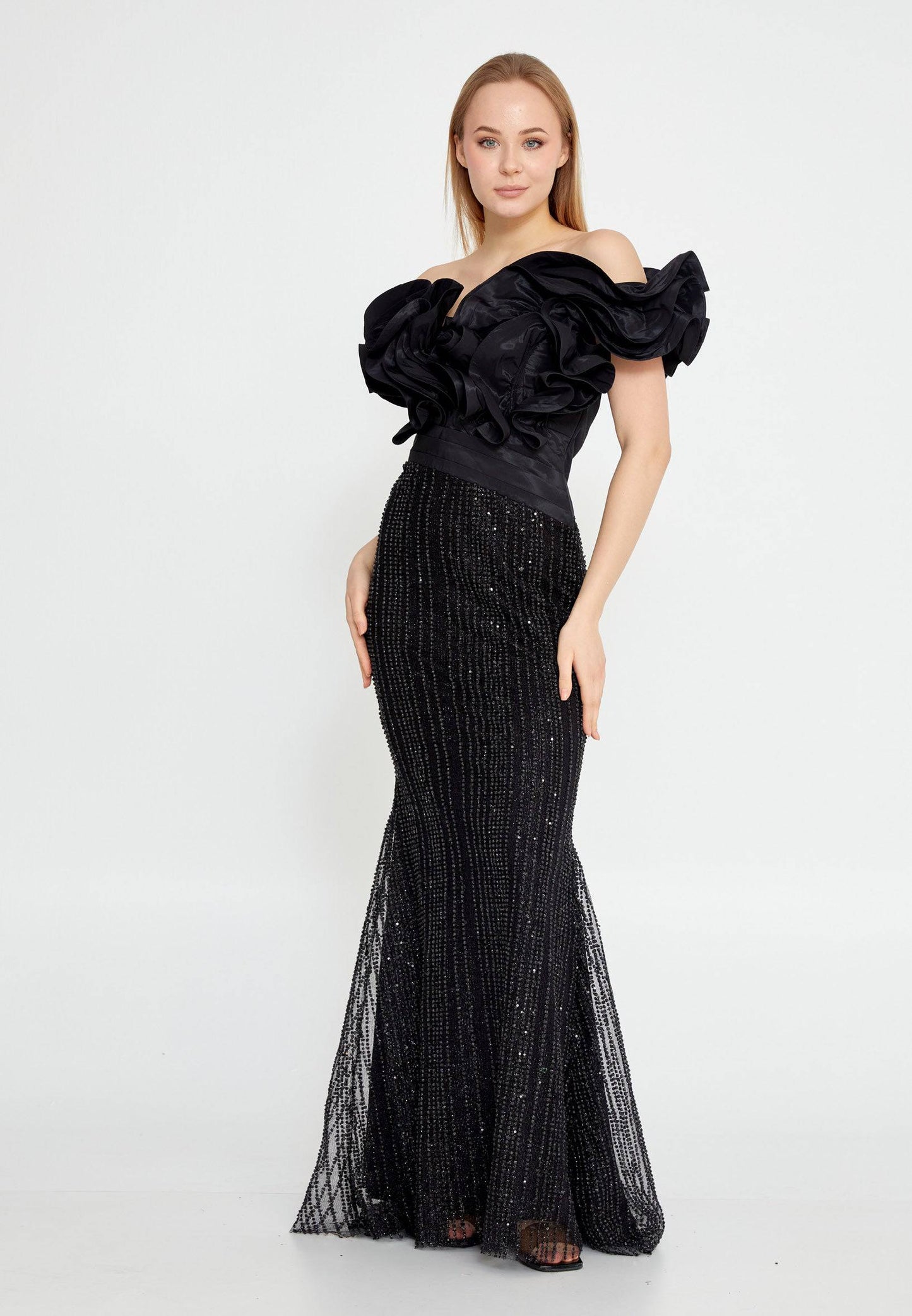 Robe de soirée longue sirène en tulle à épaules dénudées - Noir