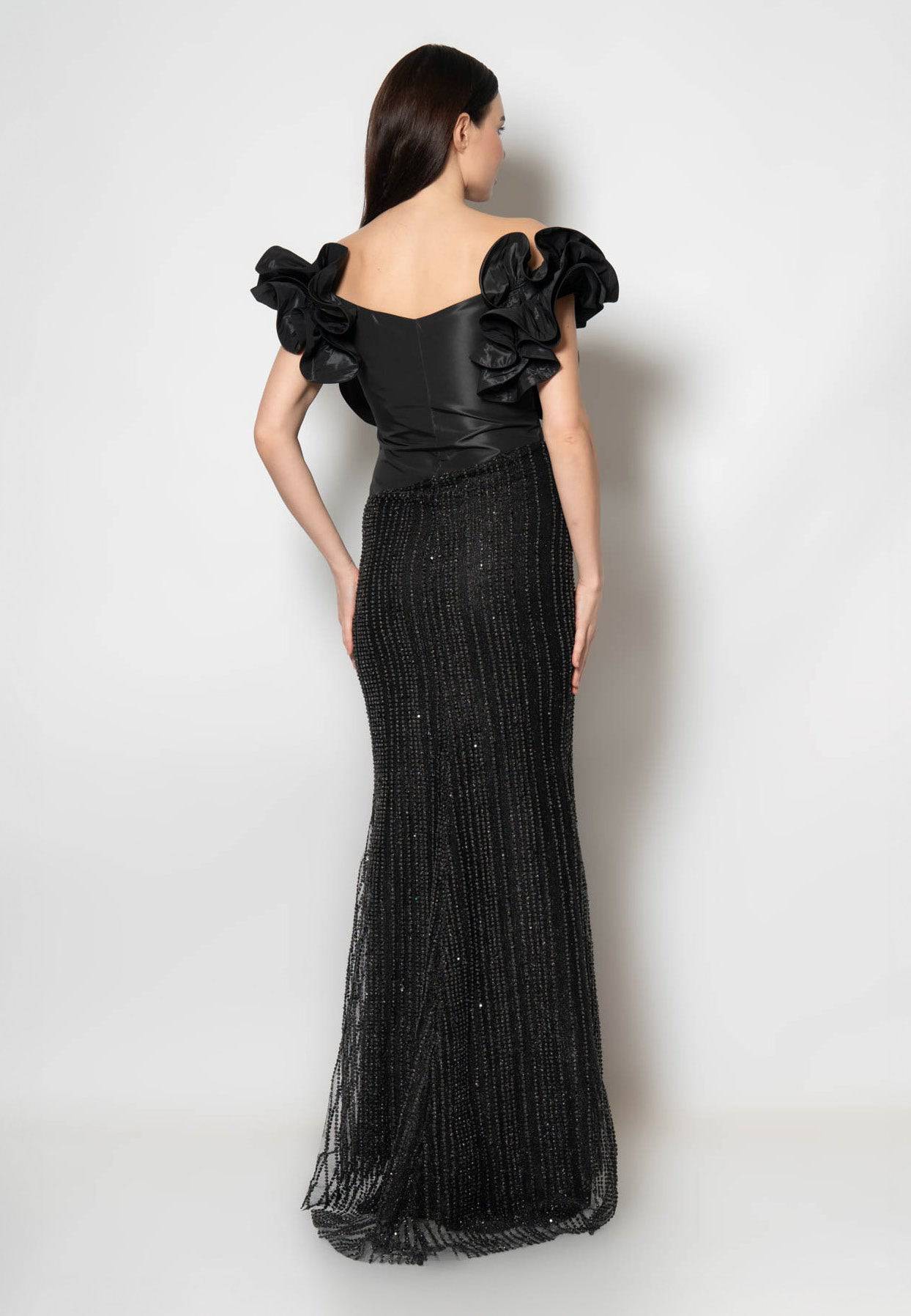 Robe de soirée longue sirène en tulle à épaules dénudées - Noir