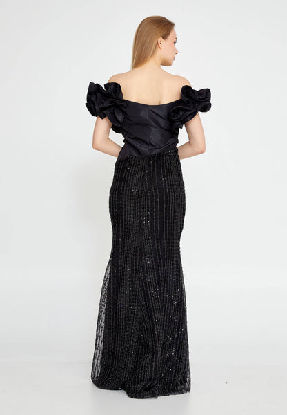 Robe de soirée longue sirène en tulle à épaules dénudées - Noir