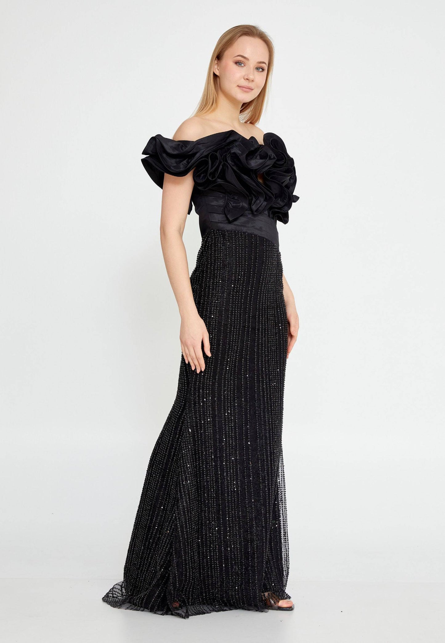Robe de soirée longue sirène en tulle à épaules dénudées - Noir