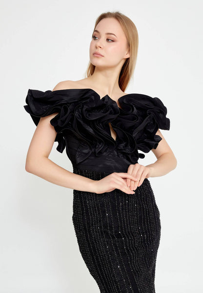 Robe de soirée longue sirène en tulle à épaules dénudées - Noir
