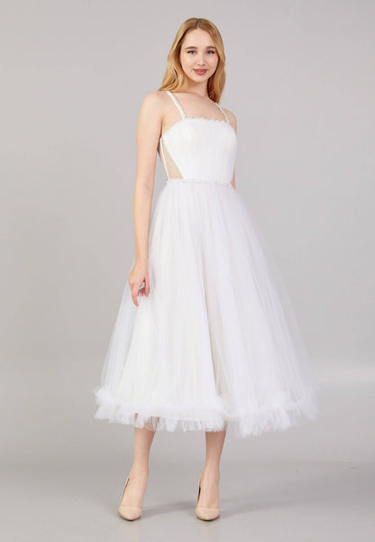 Robe de cocktail mi-longue évasée en tulle à bretelles spaghetti sans manches - Blanc