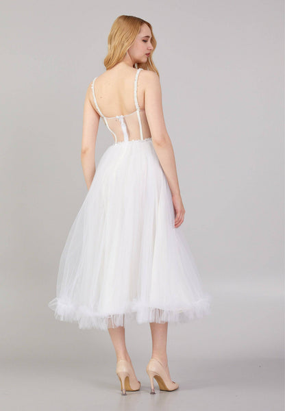 Robe de cocktail mi-longue évasée en tulle à bretelles spaghetti sans manches - Blanc