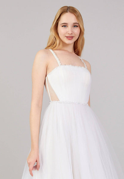 Robe de cocktail mi-longue évasée en tulle à bretelles spaghetti sans manches - Blanc