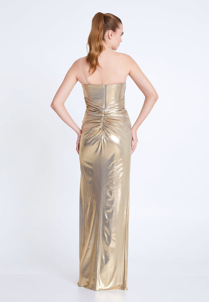 Robe de soirée bustier dorée métallisée avec fente