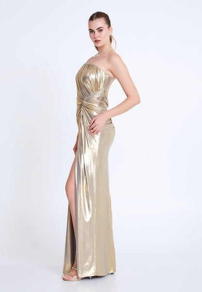 Robe de soirée bustier dorée métallisée avec fente
