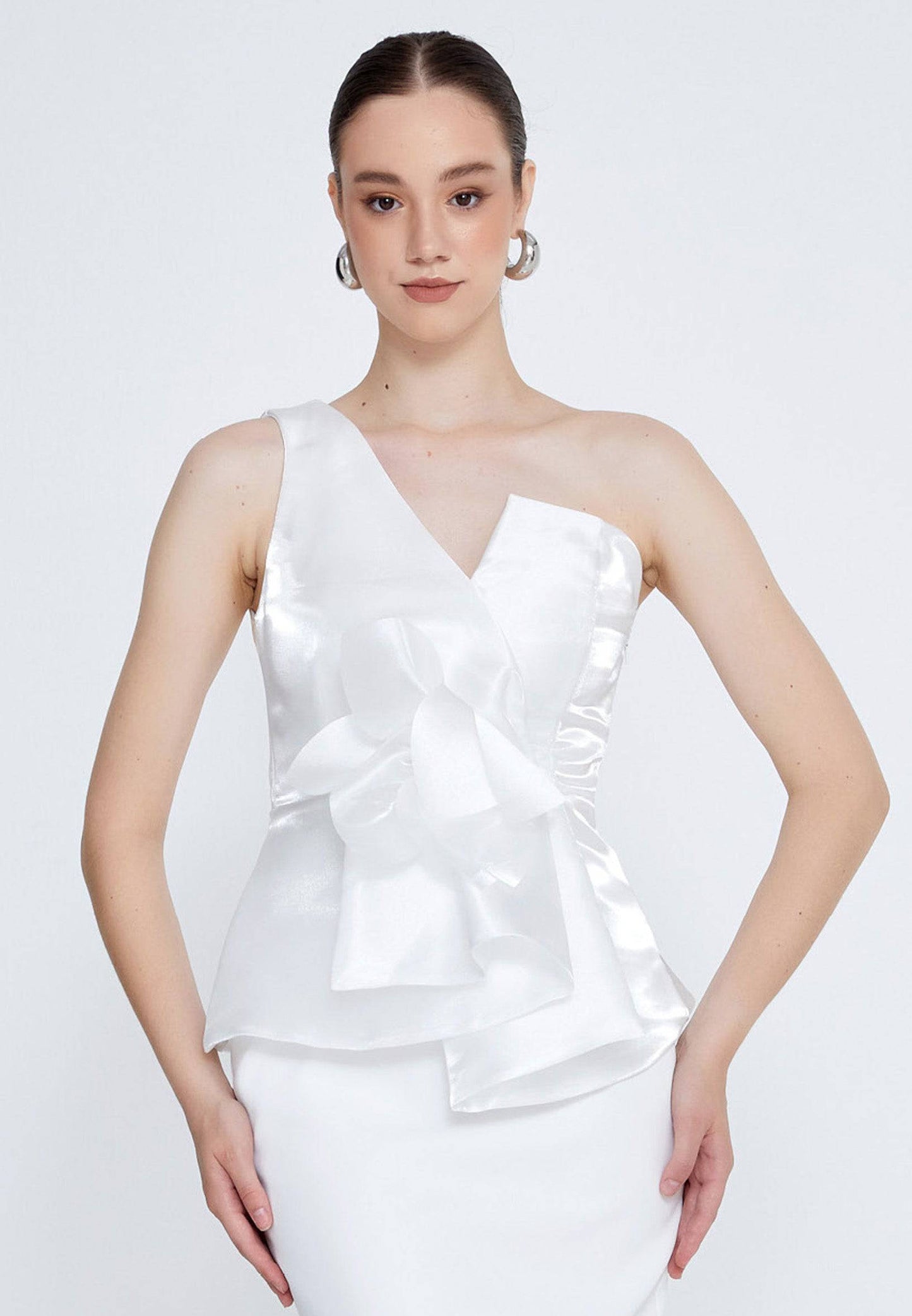 Robe de soirée midi asymétrique - Blanche