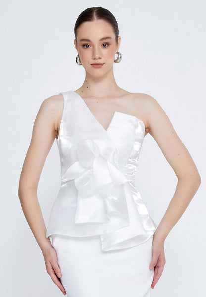Robe de soirée midi asymétrique - Blanche