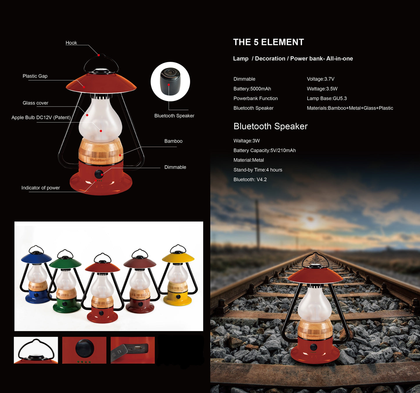 TRU De-LIGHT ROMANTICO Lampe LED tout-en-un, rechargeable, haut-parleur Bluetooth - ROUGE FEU / JAUNE / BLEU AQUA / VERT / NOIR