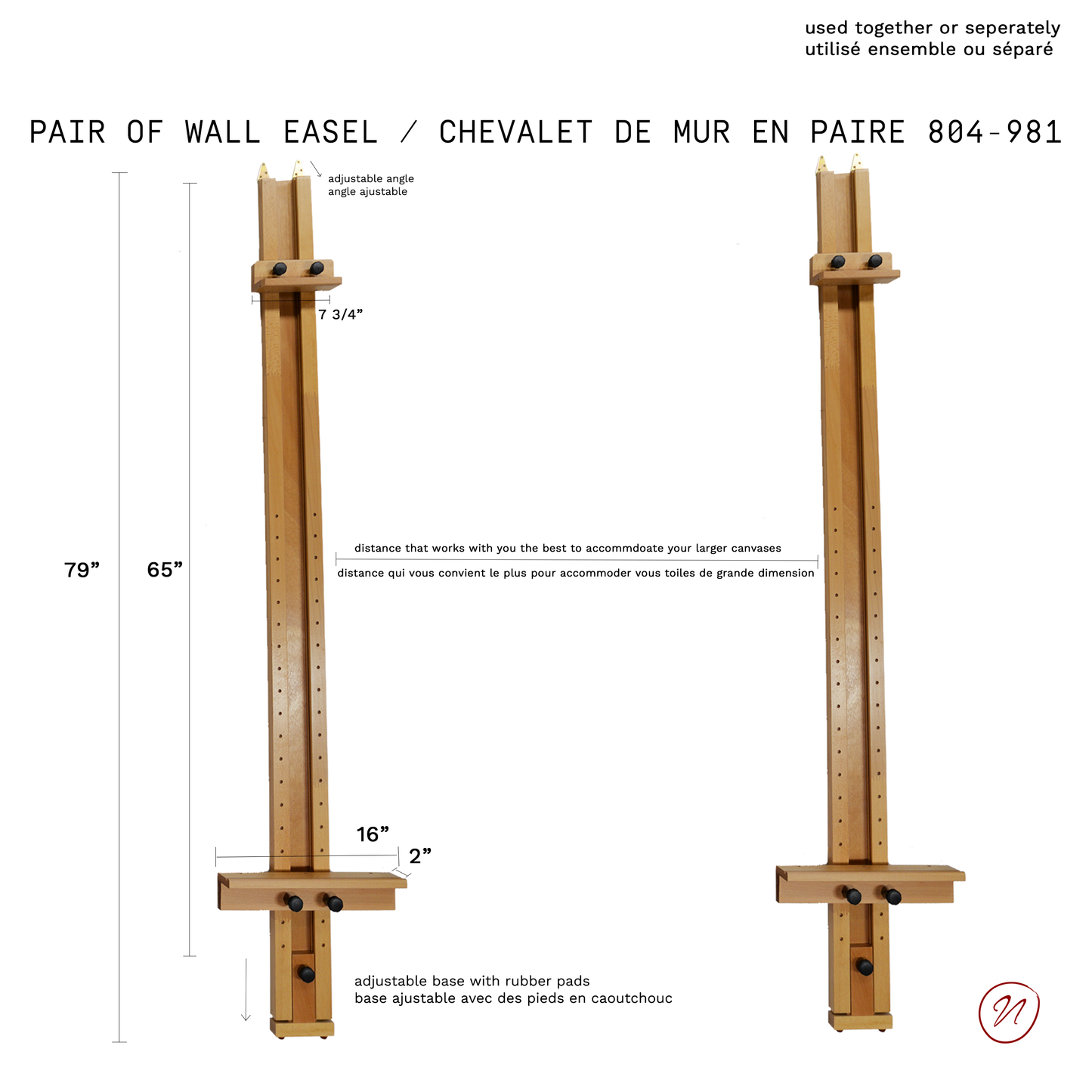 Lot de 2 chevalets muraux réglables en bois - Accueille les toiles jusqu'à 152 cm