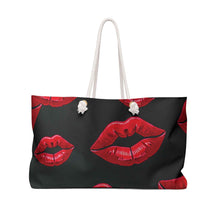 Red Lip Print Weekender Bag | Bold Kiss Pattern, Black Background