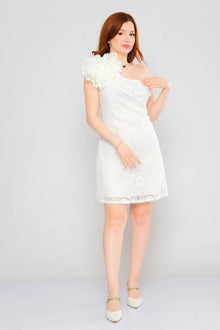 Short One Shoulder Lace Dress with Big Flower - White