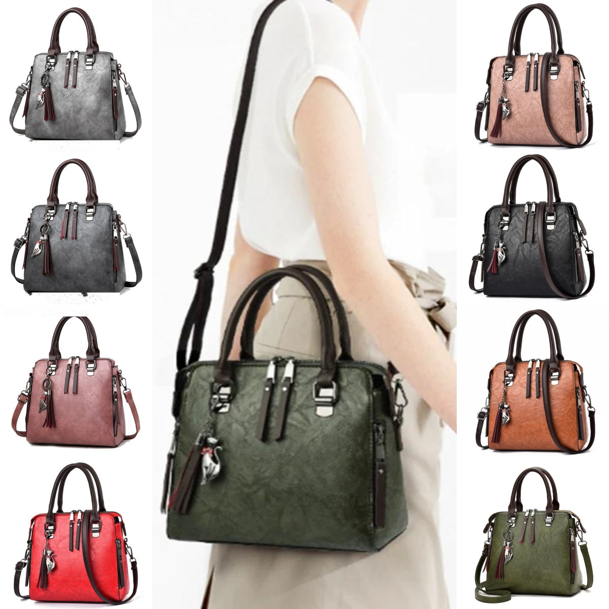 Vintage PU Leather Tassel Handbag for Women, Top-Handle Shoulder Bag