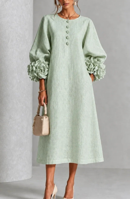 Robe trapèze à fleurs 3D pour femme – Robe de soirée et de mariage style français à manches bouffantes