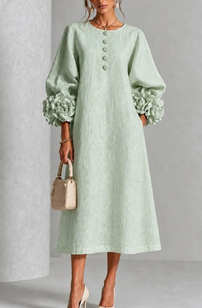 Robe trapèze à fleurs 3D pour femme – Robe de soirée et de mariage style français à manches bouffantes