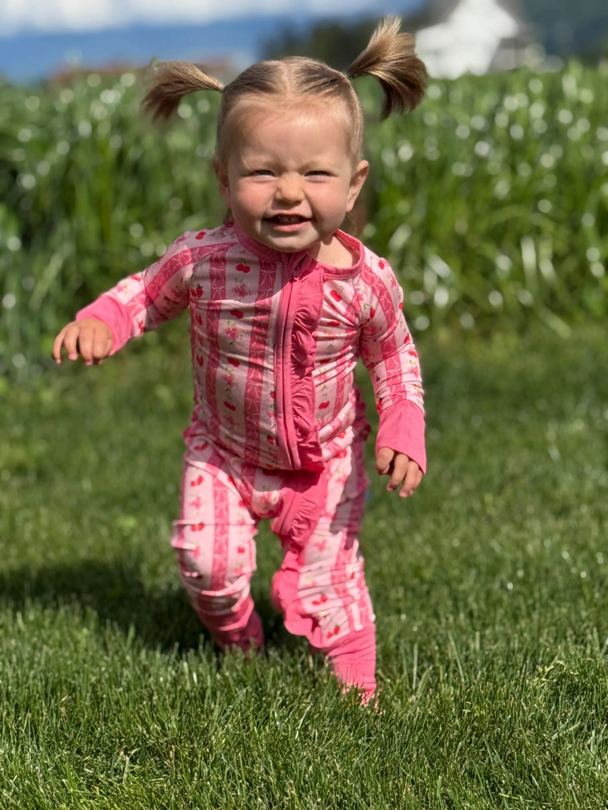 Convertible Footed One Piece - Pink Strawberry & Cherry Bows