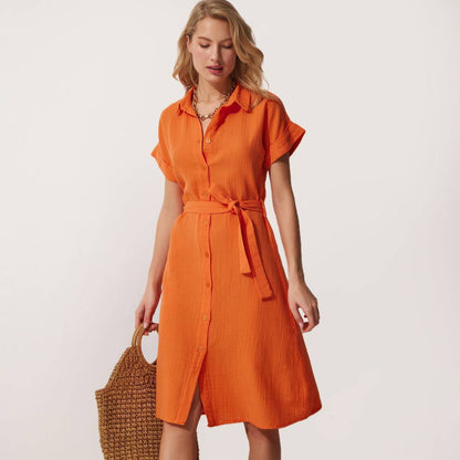 Button-Down Short Folded Sleeve Shirt Dress - Orange