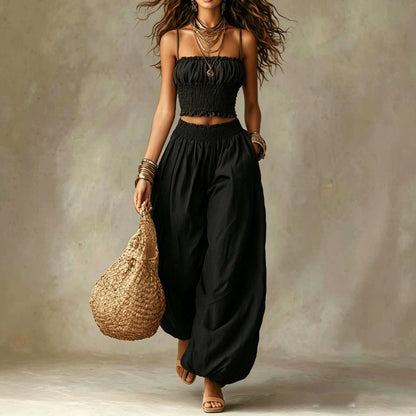 Ensemble deux pièces sans bretelles pour femme – Haut court et pantalon large à jambes ballons
