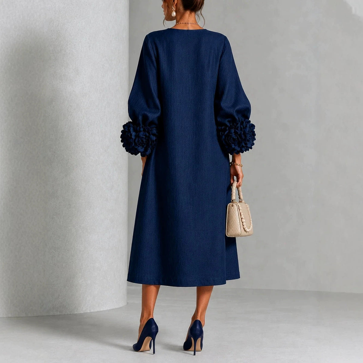 Robe trapèze à fleurs 3D pour femme – Robe de soirée et de mariage style français à manches bouffantes