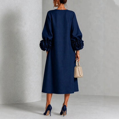 Robe trapèze à fleurs 3D pour femme – Robe de soirée et de mariage style français à manches bouffantes