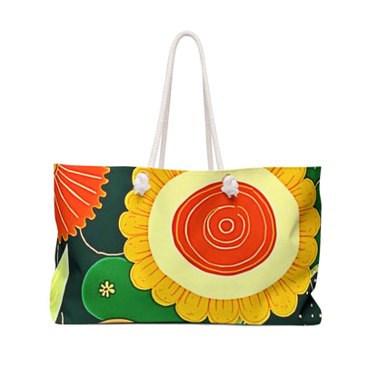 Sac de Voyage Motif Floral Rétro | Grand Sac Fourre-Tout Orange et Vert Vif