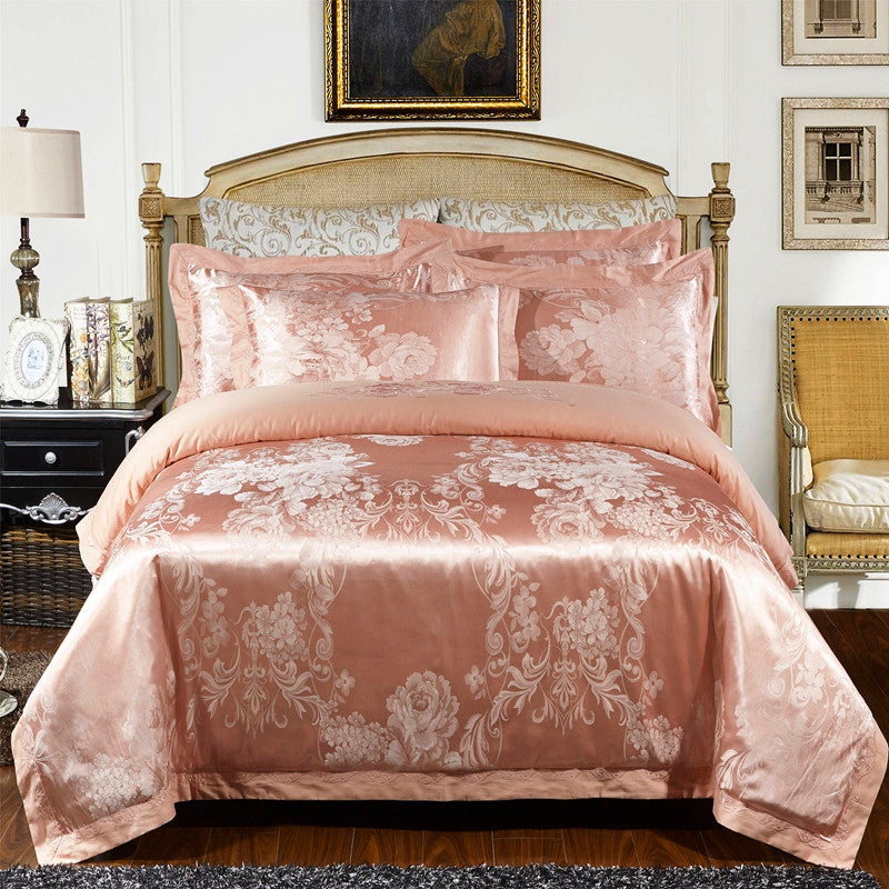 Parure de lit 4 pièces en jacquard de coton – Housse de couette et ensemble de draps à broderies florales pour mariage