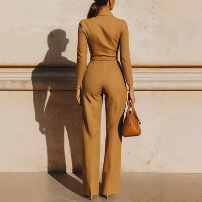 Combinaison femme automne-hiver à col en V et ceinture – Modèle une pièce à manches longues, fermeture zippée et jambes droites
