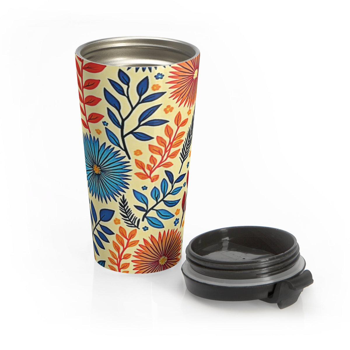 Tasse de voyage en acier inoxydable motif floral coloré | Botaniques bleues et oranges
