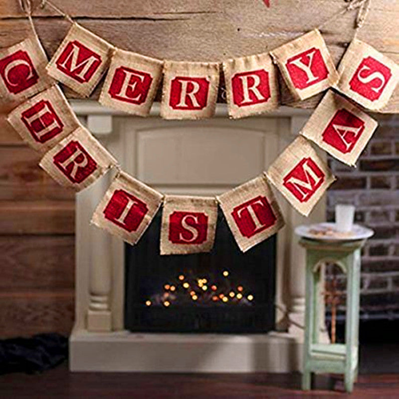 Merry Christmas Burlap Banner Garland, 14pc Sackcloth Flags Decoration