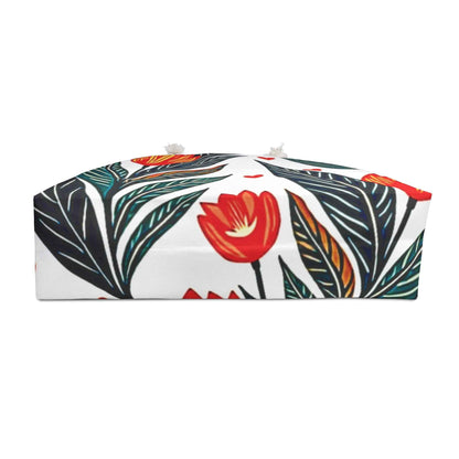 Sac de voyage motif tulipe rouge | Feuilles botaniques et cœurs | Grand cabas pour mamans et voyages