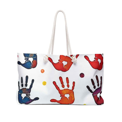 Sac de voyage à motif d'empreintes de mains colorées | Cabas à imprimé paumes arc-en-ciel
