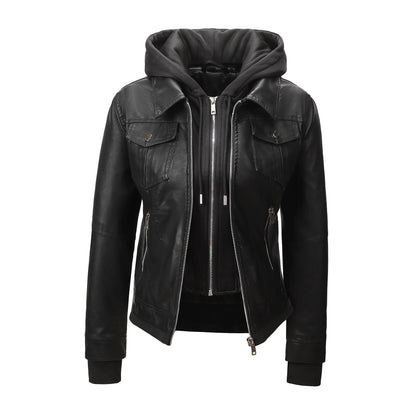 Women’s Faux Leather Biker Jacket with Detachable Hood – Slim-Fit Waist-Cinching Motorcycle Coat