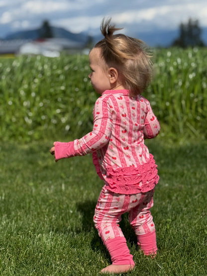 Convertible Footed One Piece - Pink Strawberry & Cherry Bows