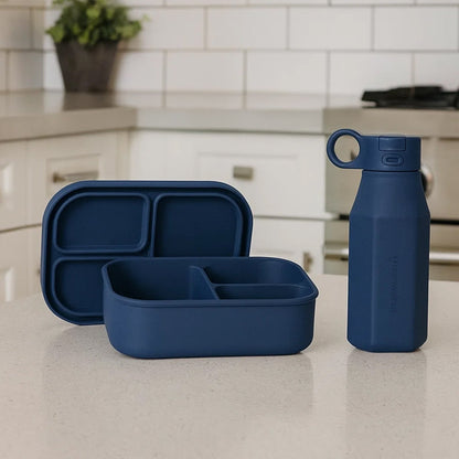 Ensemble boîte à bento en silicone et bouteille d'eau – Récipient alimentaire antifuite à 3 compartiments pour enfants et adultes