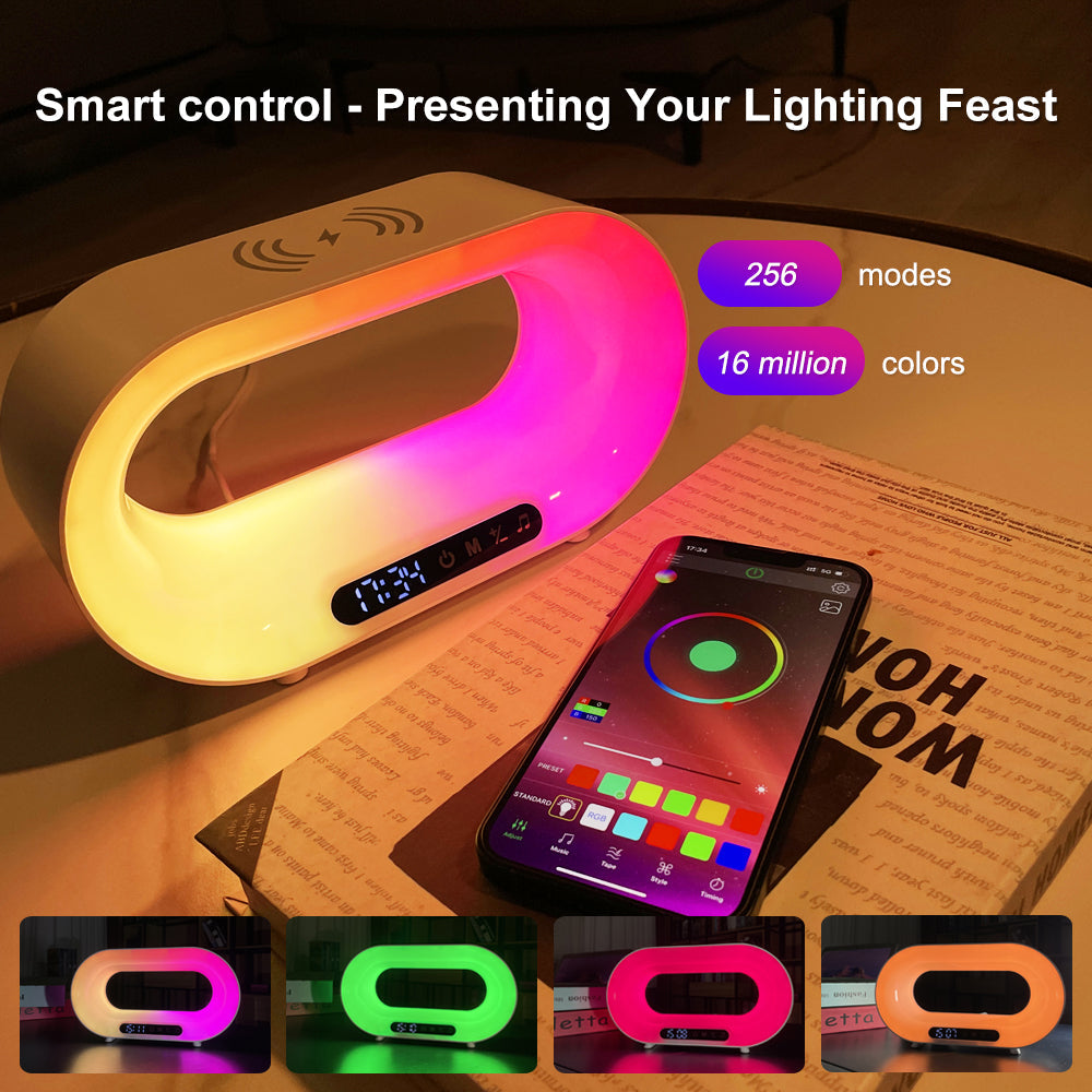 Lampe de bureau LED multifonction 3 en 1, veilleuse à commande par application, atmosphère RGB, chargeur sans fil intelligent et réveil.