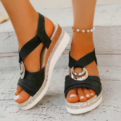 Sandales compensées à bout ouvert avec fond léger en corde de chanvre décorative à boucle métallique pour femmes fortes