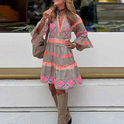 Robe à col en V imprimé mode – Robe trapèze à volants pour femme, manches trois-quarts, idéale pour l'été