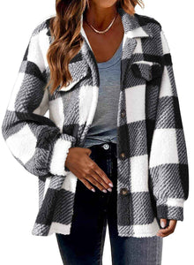 Veste à col rabattu à carreaux avec poches, veste en laine à boutonnage simple, vêtements d'automne et d'hiver pour femmes