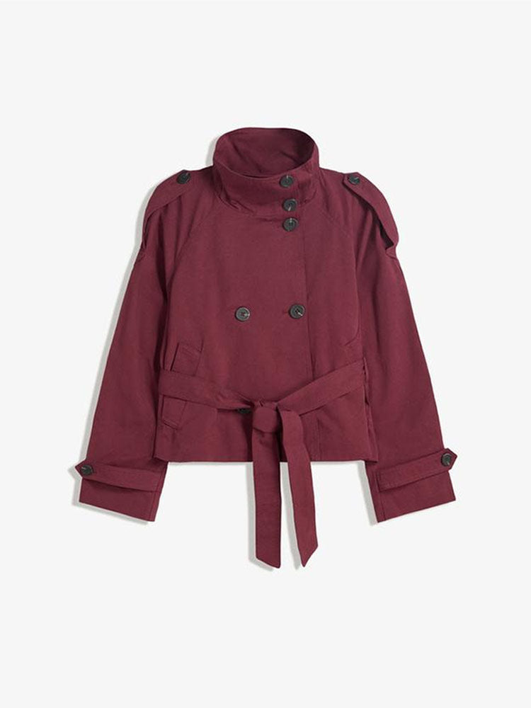 Trench-coat rétro à double boutonnage pour femme – Veste courte à manches longues, col à revers et fermeture à nouer