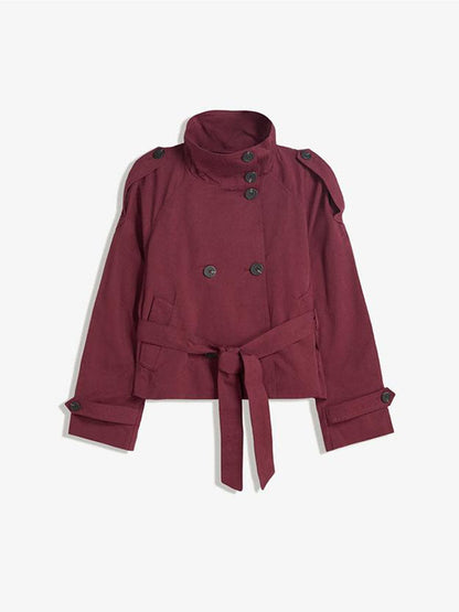 Trench-coat rétro à double boutonnage pour femme – Veste courte à manches longues, col à revers et fermeture à nouer