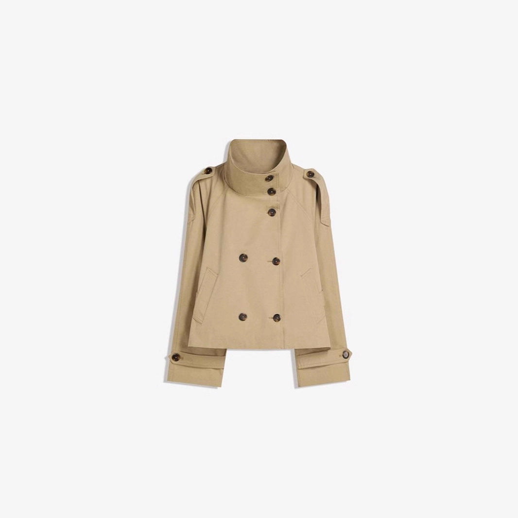 Trench-coat rétro à double boutonnage pour femme – Veste courte à manches longues, col à revers et fermeture à nouer