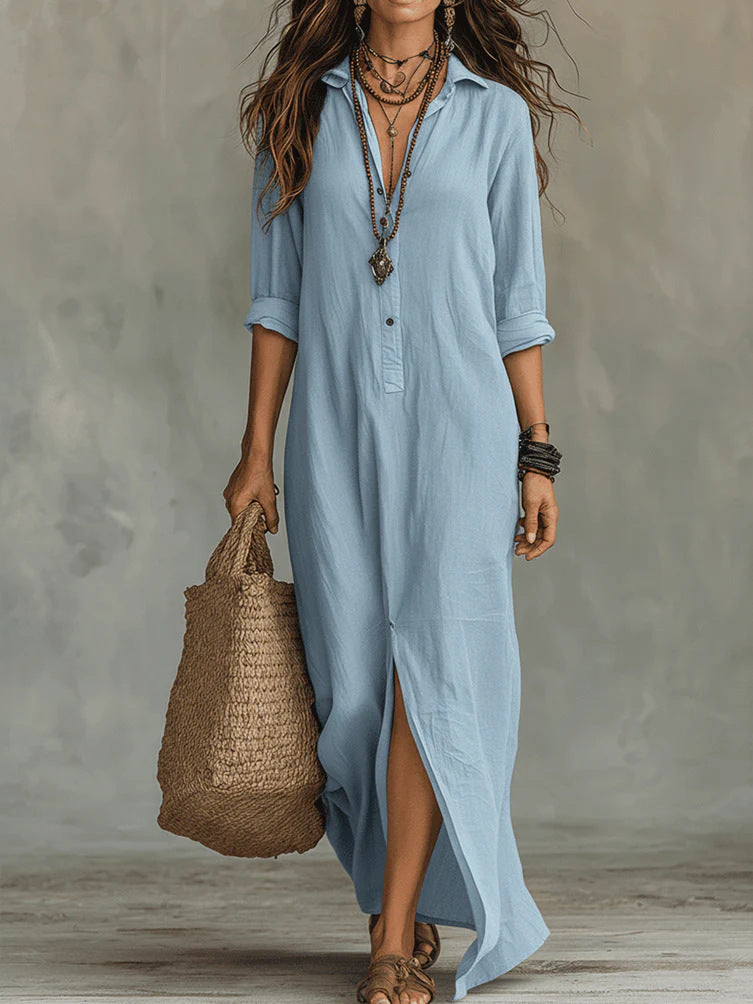 Robe longue à manches longues, décontractée, de couleur unie, col revers, fente latérale, robes de plage, vêtements pour femmes