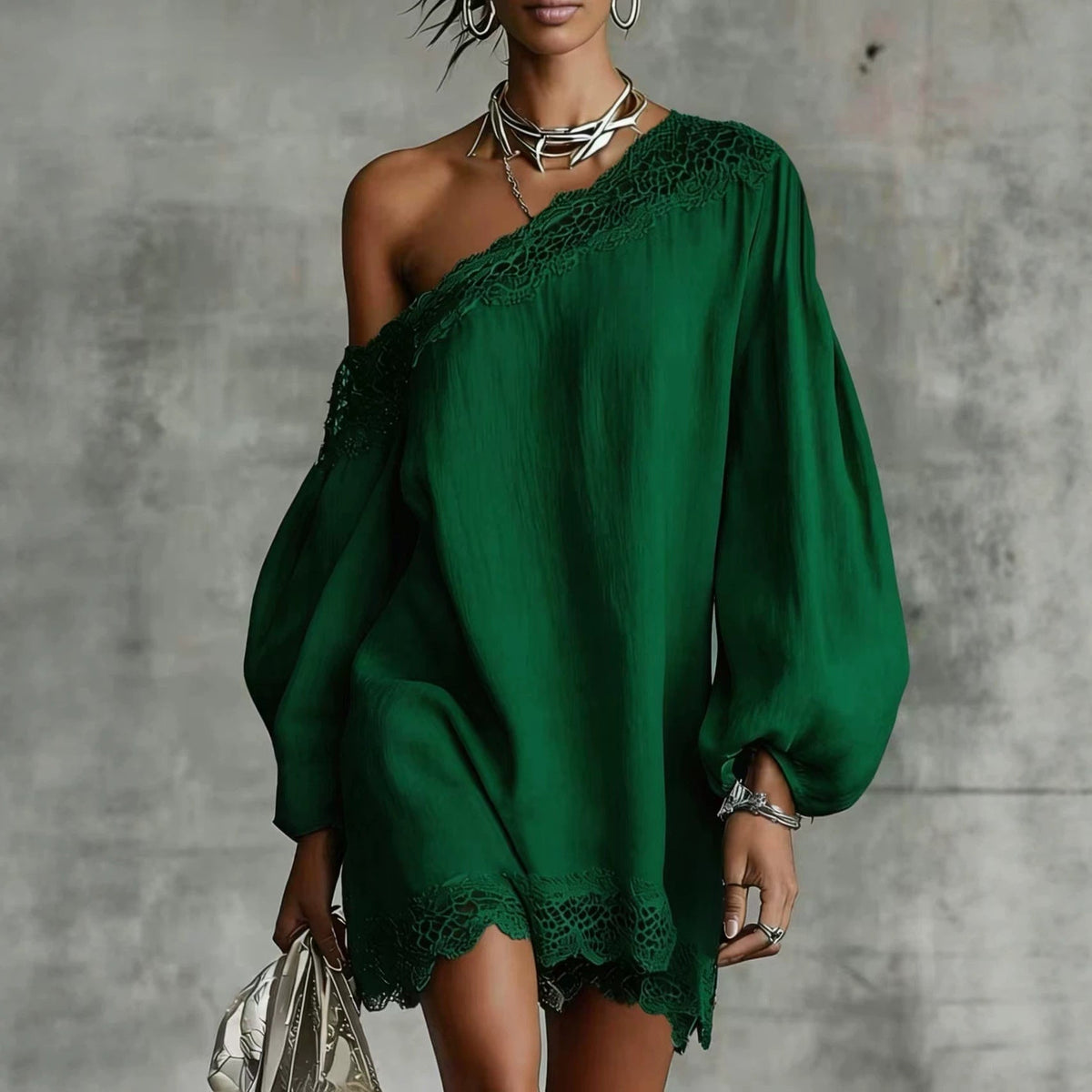 Robe courte à épaules dénudées et manches longues pour femme | Robe à garniture en dentelle